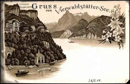 Litho AK Luzern Lucerna Gruss vom Vierwaldstättersee  Kurhaus Tellsplatte 1900