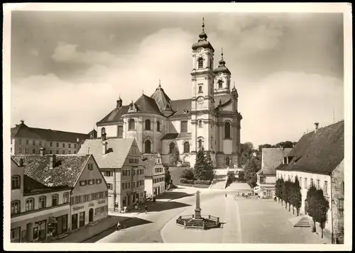 Ansichtskarte Ottobeuren Basilika - Platz, Geschäfte 1952