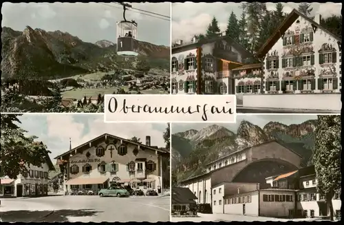 Oberammergau Mehrbild-AK mit Bergbahn, Hotel Alte Post, Hänsl u. Gretl-Heim 1960