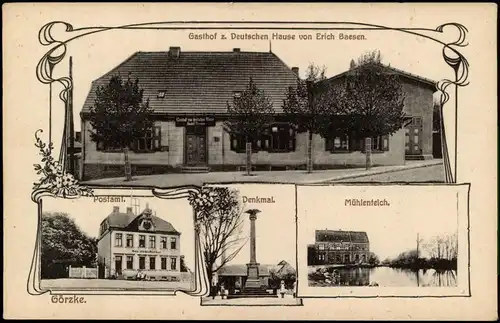 Ansichtskarte Görzke 4 Bild Gasthof z. Deutschen Hause, Post, Denkmal 1909