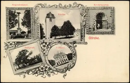 Görzke Mehrbild-AK Siegesdenkmal, Kirche, Postamt, Burgwall 1910