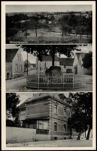 Giersleben-Saale-Wipper 3-Bild-AK Denkmal, Straßenansicht, Pfarrhaus  1910