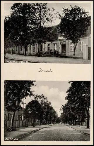 Drewitz-Möckern 2-Bild-AK mit Rüschers Gasthof und Dorfstraße 1910