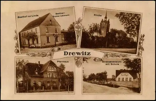Drewitz-Möckern MB-AK Gasthof Zur Linde, Pfarrhaus, Str. a.d. Schule 1910