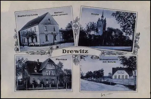 Drewitz-Möckern MB-AK Gasthof Zur Linde, Pfarrhaus, Str.  Schule, Kirche 1910