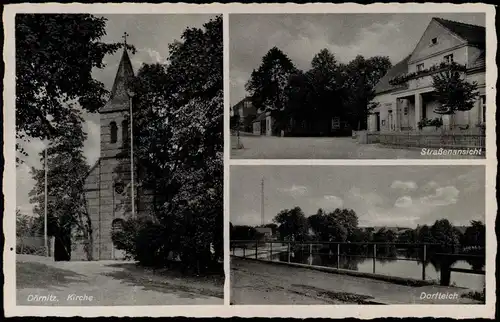 Dörnitz 3-Bild-Karte mit Straßenansicht, Kirche u. Dorfteich 1910