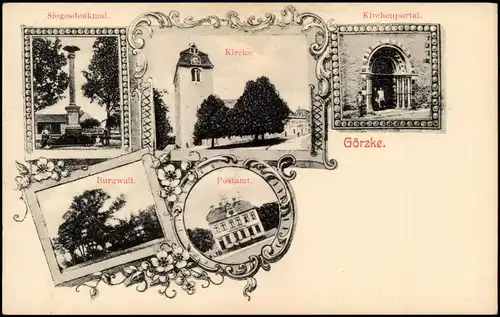 Görzke MB-Karte mit Burgwall, Postamt, Kirchenportal, Siegesdenkmal 1910