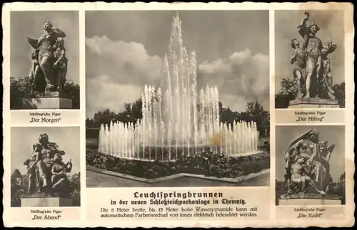 Ansichtskarte Chemnitz MB: Statue, Leuchtspringbrunnen 1934