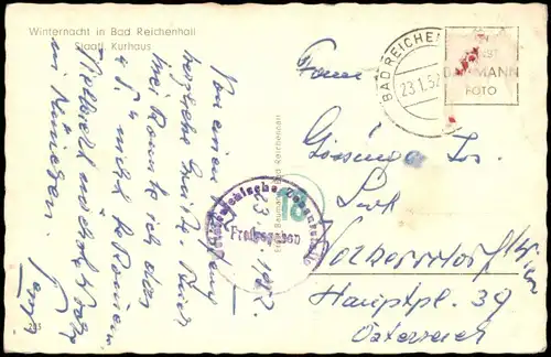 Bad Reichenhall Winter,  Nacht-Ansicht Kurhaus 1952   gel  "Zensur-Stempel"