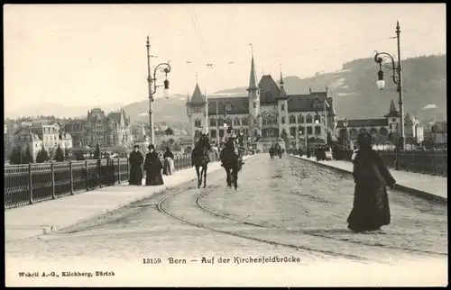 Ansichtskarte Bern (Schweiz) Berne Auf der Kirchenfeldbrücke - belebt 1909