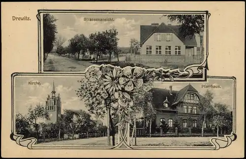 Ansichtskarte Drewitz-Möckern 3 Bild Straße, Kirche, Pfarrhaus 1912
