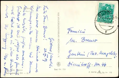 Ansichtskarte Güstrow Marktplatz, Geschäfte 1956