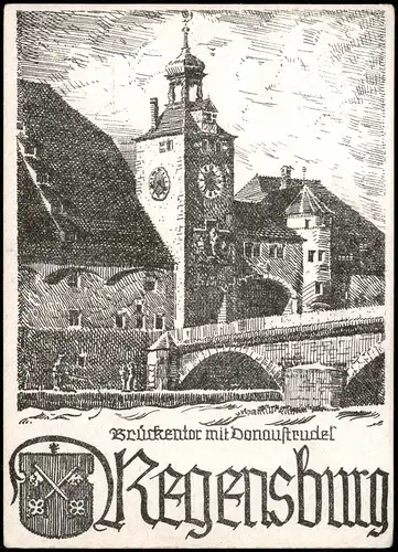 Ansichtskarte Regensburg Brückentor mit Donau - Künstlerkarte 1955