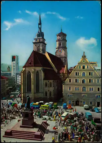 Ansichtskarte Stuttgart Schillerplatz mit Stiftskirche mit Trödelmarkt 1965