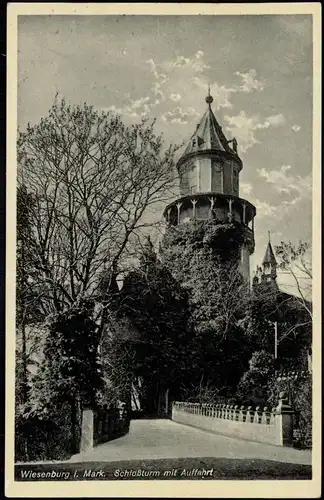 Ansichtskarte Wiesenburg/Mark Schloßturm mit Auffahrt 1936