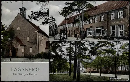 Müden (Örtze)-Faßberg 3-Bild-AK Kirche, Marktweg und Hauptwache 1955