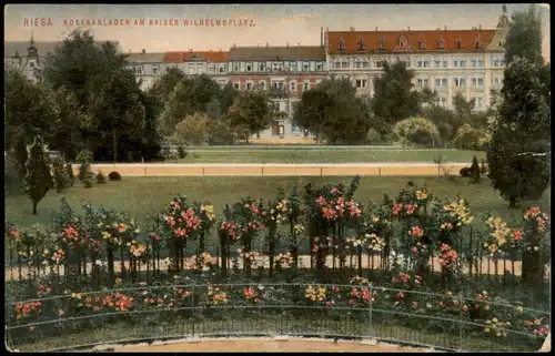 Ansichtskarte Riesa Rosenanlagen Kaiser-Wilhelm-Platz 1914  gel. Feldpost