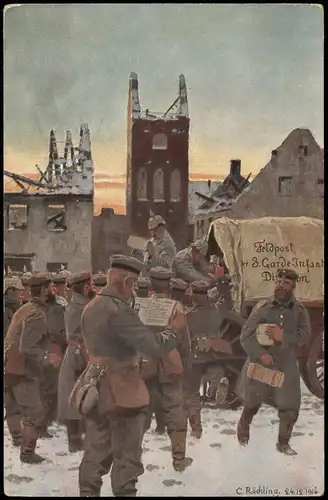 Ansichtskarte  Ankunft von LiebesgabenKünstledrkarte Militaria WK1 1915