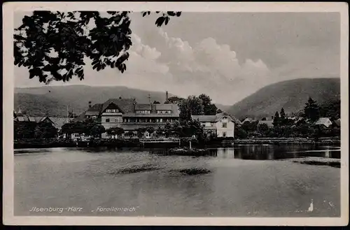 Ansichtskarte Ilsenburg (Harz) Forellenteich mit Blick zur Gaststätte 1930