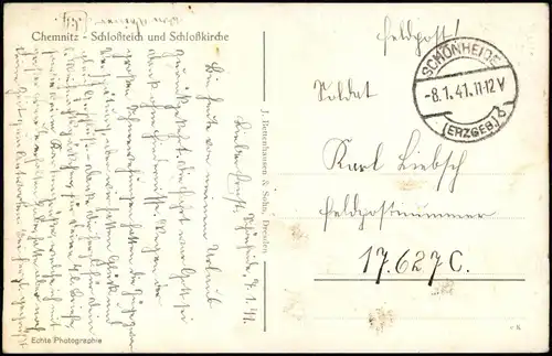 Ansichtskarte Chemnitz Schloßteich 1951  gel. Feldpost WK2 Schönheide Erzgebirge