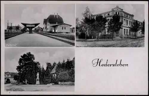 Ansichtskarte Hedersleben 3 Bild: Bahnhof, Post, Denkmal 1934