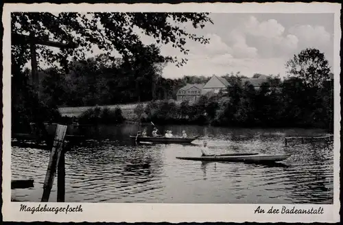 Ansichtskarte Magdeburgerforth-Möckern An der Badeanstalt, Ruderer 1934
