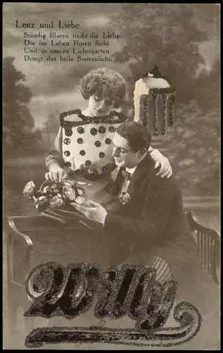 Ansichtskarte  Liebespaar Lenz und Liebe Glitzer Aplikationen 1917