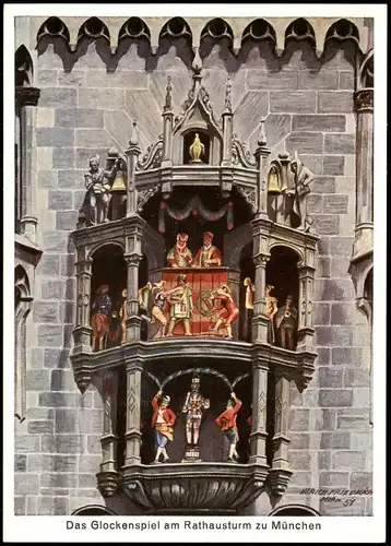 Ansichtskarte München Künstlerkarte - Glockenspiel, Rathaus 1951