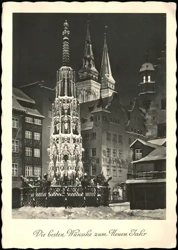 Ansichtskarte Nürnberg Neujahr Brunnen Häuser Winternacht 1959