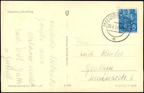 Malchow (Mecklenburg) Fernansicht DDR AK 1958   gelaufen mit Stempel Malchow