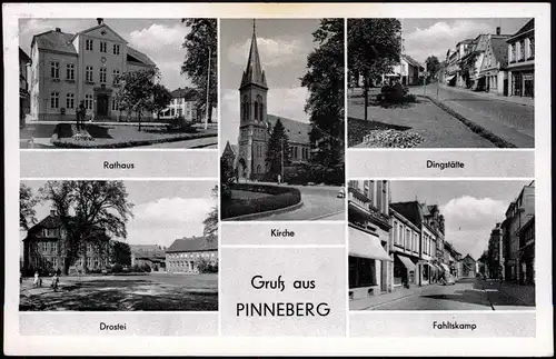 Pinneberg Mehrbild-AK Dingstätte, Kirche, Fahltskamp, Drostei, Rathaus 1957