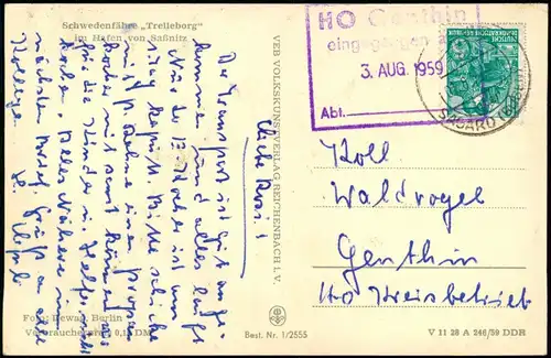 Sassnitz Schwedenfähre Trelleborg Fährschiff im Hafen DDR AK 1959