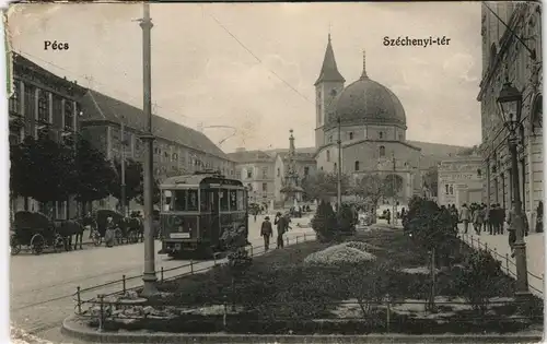 Postcard Fünfkirchen Pécs (Pečuh) Széchenyi-tér, Straßenbahn 1919