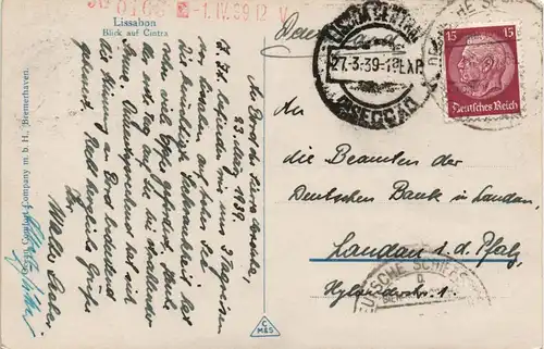 Postcard Lissabon Cintra 1939  gel. Deutsche Schiffspost