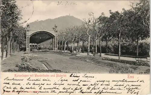 Ansichtskarte Bad Ems Kuranlagen mit Wandelbahn und Bäderlei 1904