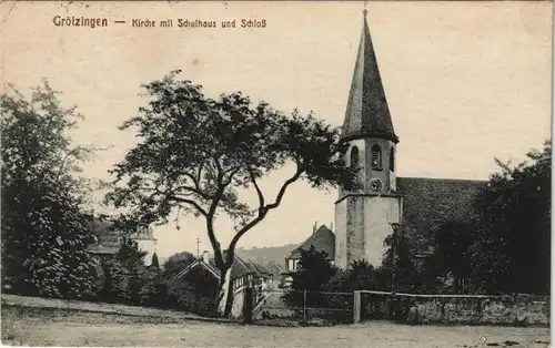 Ansichtskarte Grötzingen-Karlsruhe Straße, Kirche, Schulhaus Schloß 1928