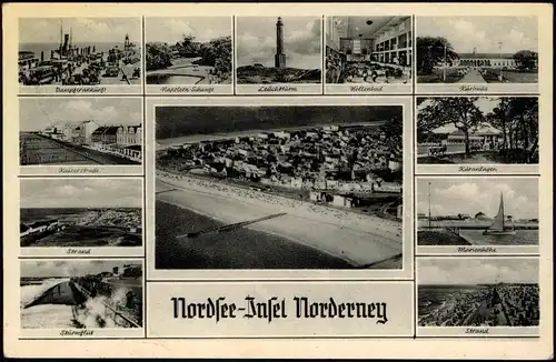 Norderney Mehrbildkarte mit vielen Ansichten ua. Luftaufnahme 1956