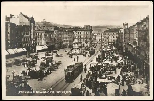 Ansichtskarte Linz Platz des 12 November mit Pöstlingberg.Straßenbahn 1930