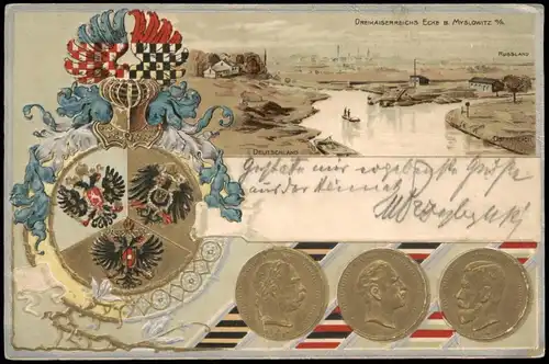 Myslowitz Mysłowice Dreikaiserreichsecke Preußen, KuK, 1904 Goldrand/Prägekarte