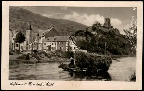 Ansichtskarte Heimbach (Eifel) Heufuhrwerk fährt durch den Fluß 1939