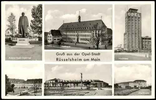 Ansichtskarte Rüsselsheim Adam Opel Denkmal, Hochhaus, Bahnhof 1959