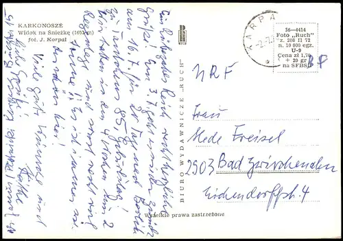 Postcard Krummhübel Karpacz Schneekoppe/Sněžka/Śnieżka 1972