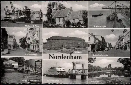 Ansichtskarte Nordenham Pier, Hafen, Rathaus uvm 1965