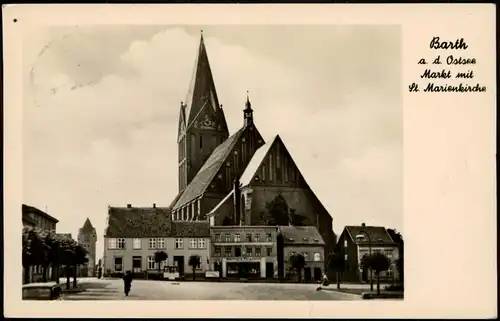 Ansichtskarte Barth Marktplatz, Kirche 1956