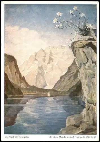 Schönau am Königssee Mit  Munde gemalt A. E. Stegmann Edelweiß  Königssee 1955