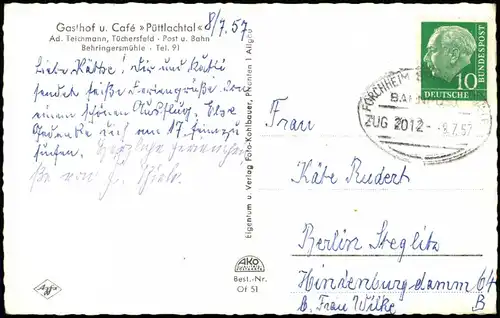 Tüchersfeld-Pottenstein  Café Püttlachtal 1957    (Bahnpoststempel Zug 2012)