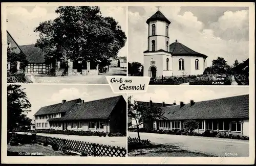 Ansichtskarte Gesmold Kirche, Schule, Kindergarten 1963