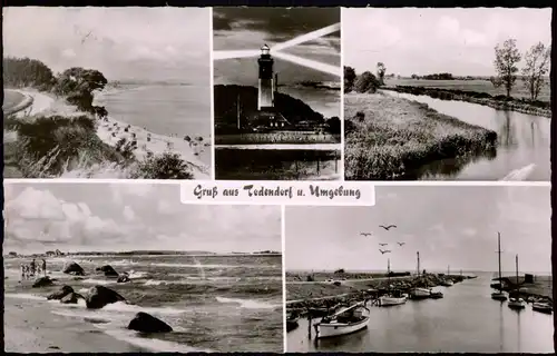 Ansichtskarte Todendorf MB: Strand, Leuchtturm, Boote 1954