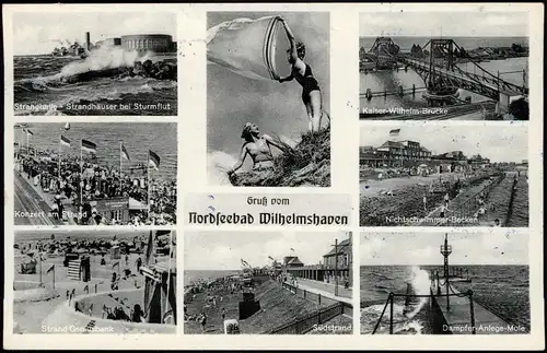 Ansichtskarte Wilhelmshaven Strandhalle, Frauen im Badeanzug, Strand 1958