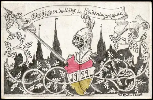 AK Aachen Künstlerkarte Hindenburgschule 1922  gel. Bahnpost Köln Verviers